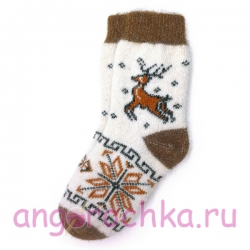 Белые шерстяные носки с рыжим оленем и снежинкой