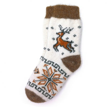 Белые шерстяные носки с рыжим оленем и снежинкой