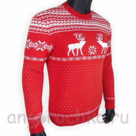Красный шерстяной свитер с белым скандинавским рисунком