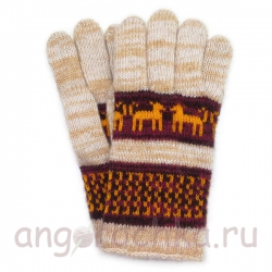 Бежевые шерстяные перчатки с рисунком - собачками