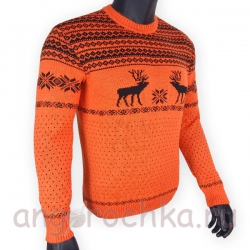 Оранжевый шерстяной свитер с черным рисунком - оленями