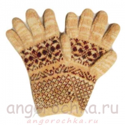 Темно-бежевые вязаные шерстяные перчатки с коричневым орнаментом